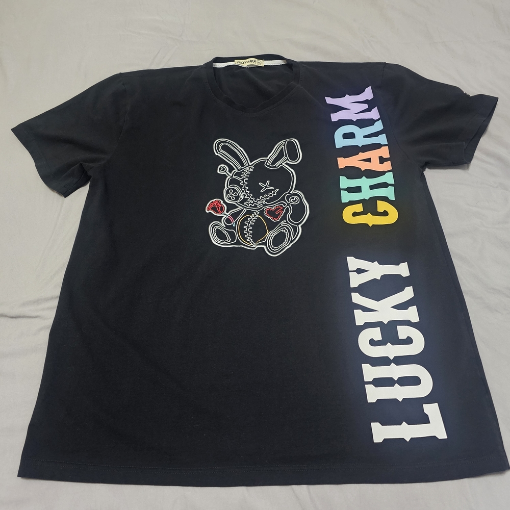 Black Graphic T-Shirt with Colorful 'Lucky Charm' Design